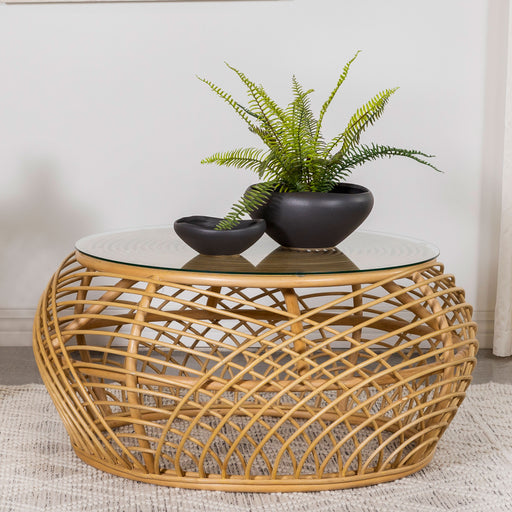 Dahlia Round Glass Top Woven Rattan Coffee Table Natural Brown image