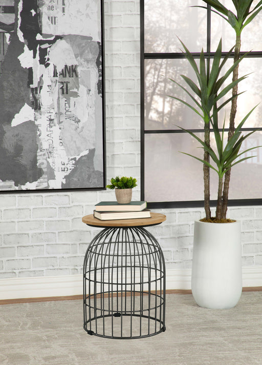 Bernardo Round Accent Table with Bird Cage Base Natural and Gunmetal image