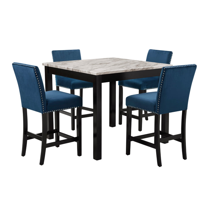 Celeste 5Pc 42" Marble Finish Counter Table & 4 Chairs-Blue