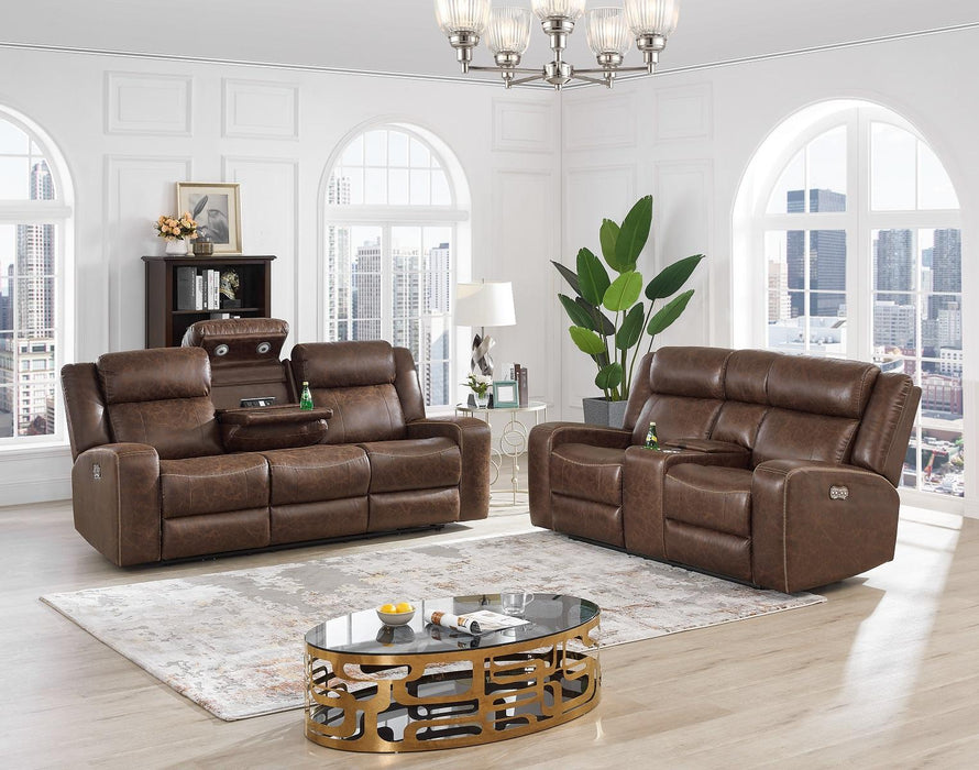 New Classic Furniture Atticus Console Loveseat With Power Footrest in Mocha