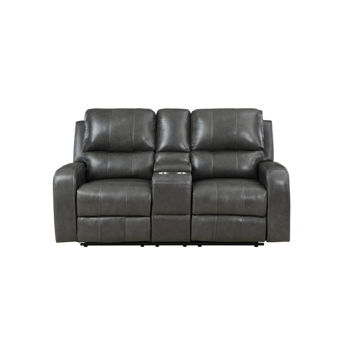 LINTON LEATHER CONSOLE LOVESEAT W/ DUAL RECLINERS-GRAY