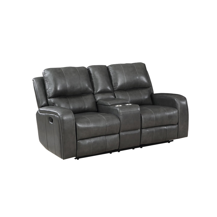 LINTON LEATHER CONSOLE LOVESEAT W/ DUAL RECLINERS-GRAY